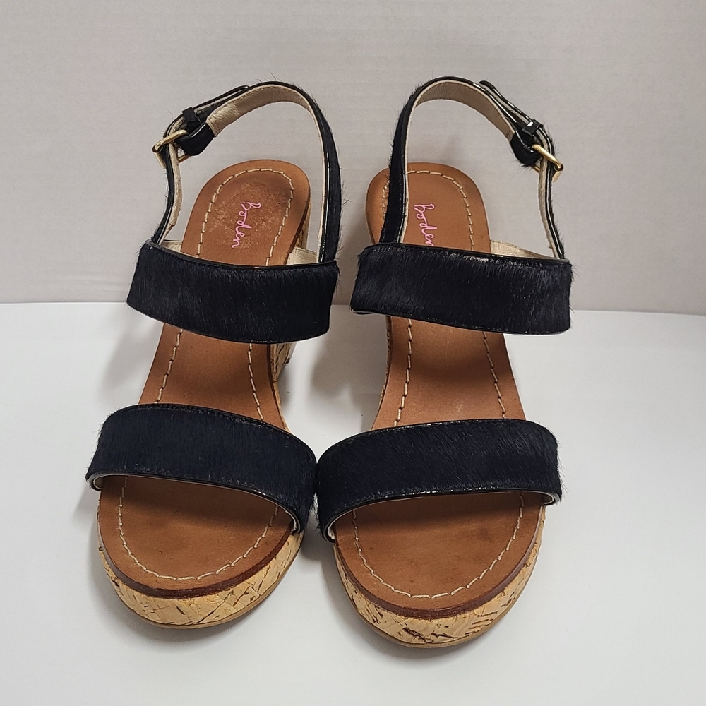 Boden Women's Black Calfhair Leather Louisa Cork Wedges Sz 39 US 8 - Picture 3 of 14